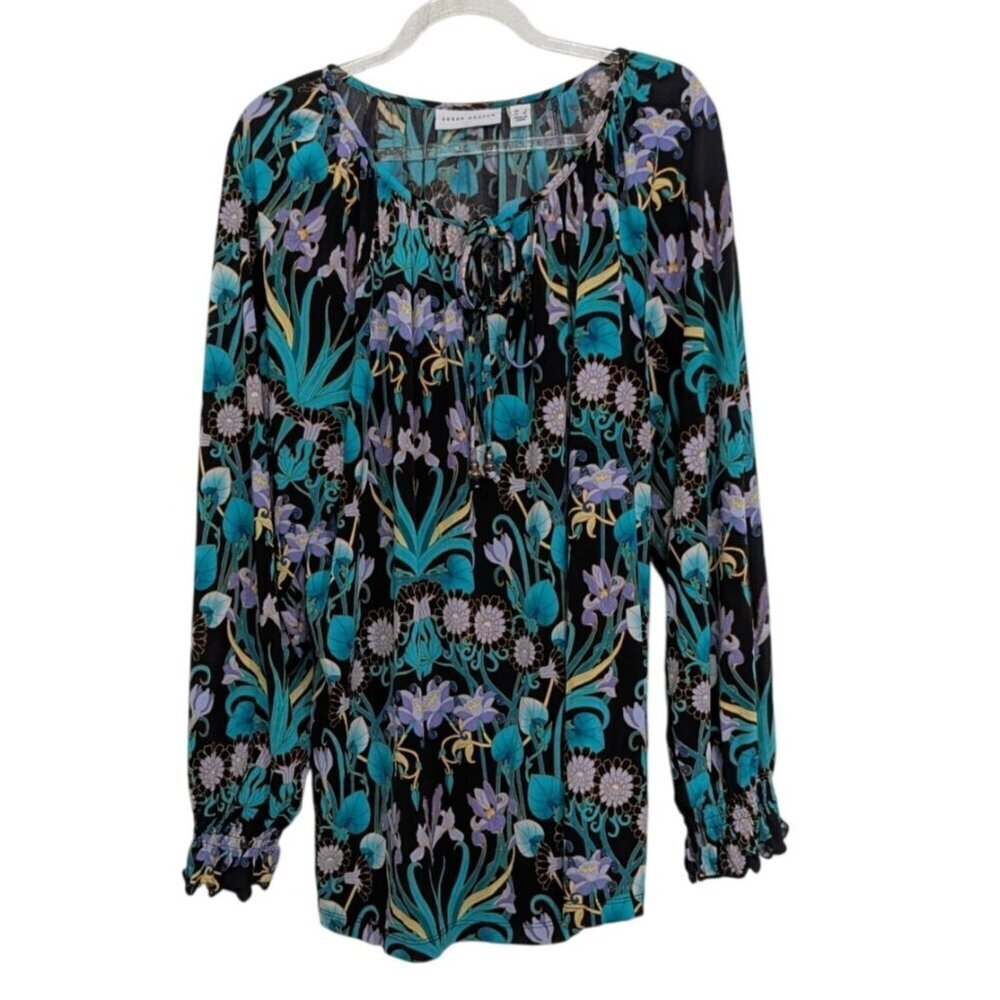 Susan Graver Floral Shirt Womens Size Large Black Liquid Knit Stretch Peasant